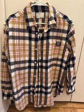 women’s
 Tan & Navy Plaid Button-Up Shirt